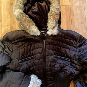 BCBG down chocolate brown Jacket with fur trim